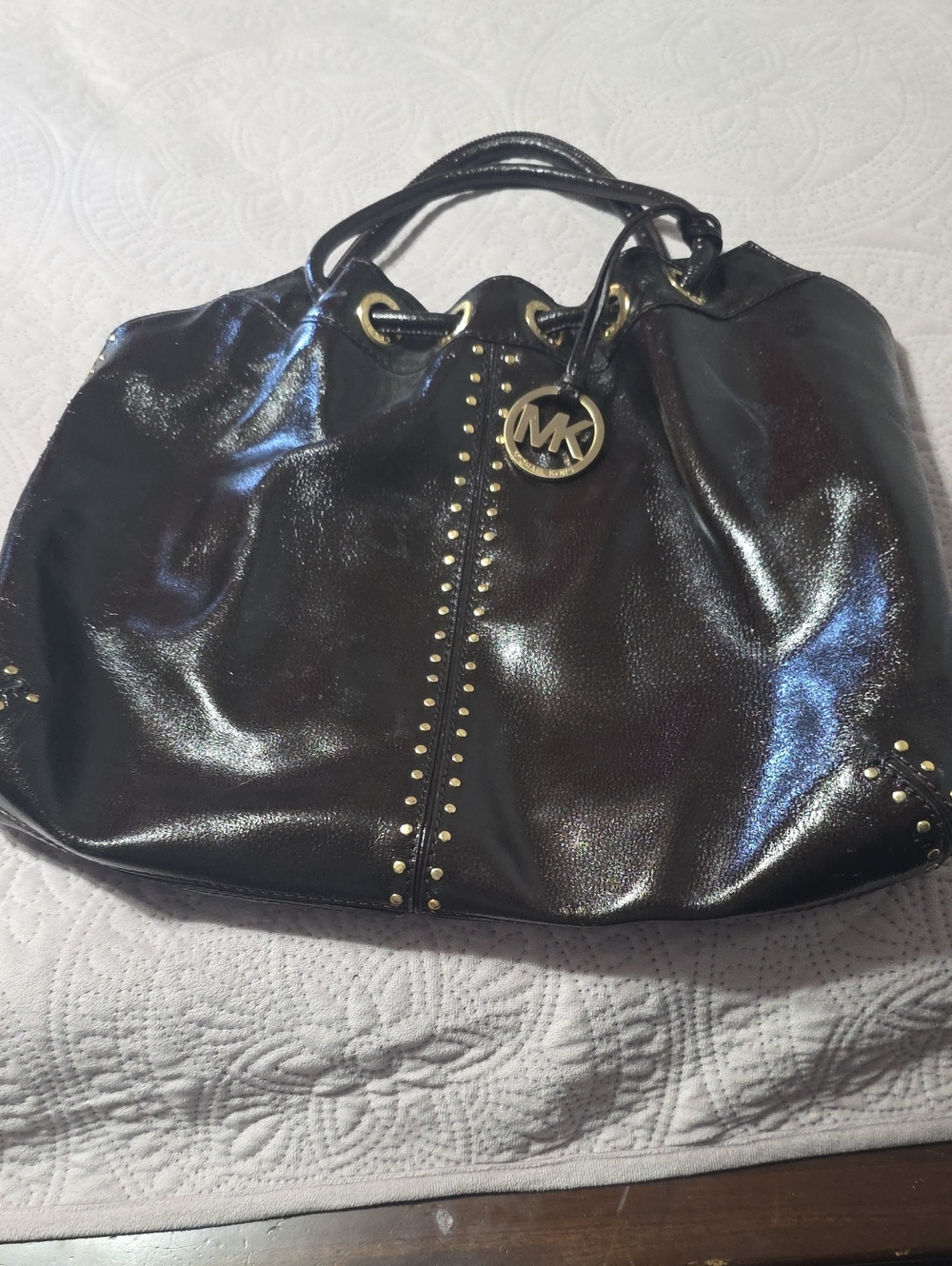 Michael Kors  brown Patent Leather Hobo with Gold Stud Details